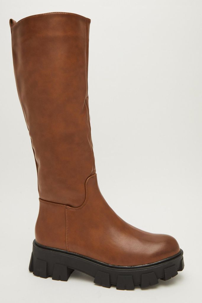 Tan Faux Leather Knee High Boots