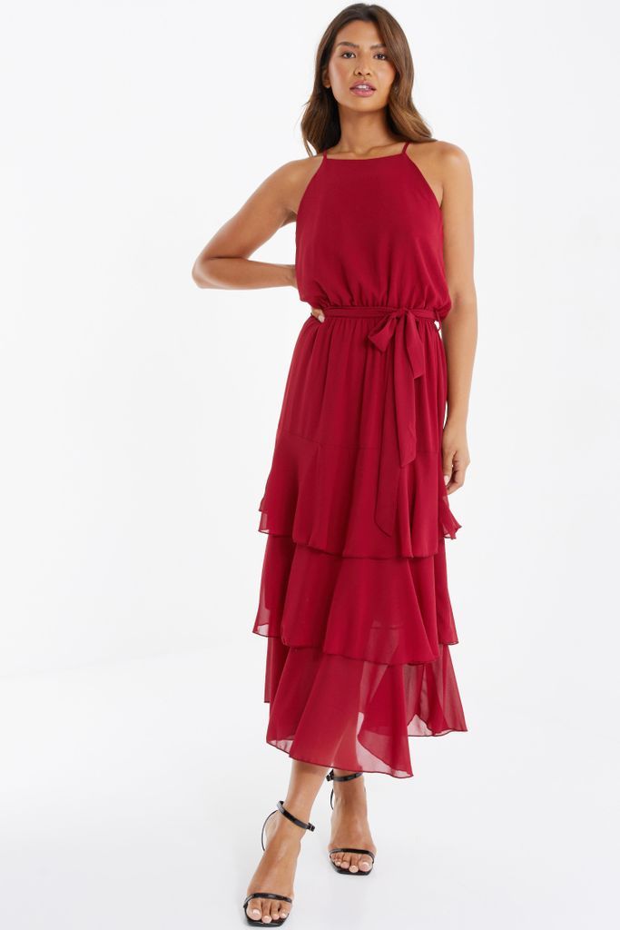 Women's Quiz Berry Chiffon Tiered Midaxi Dress Size 10