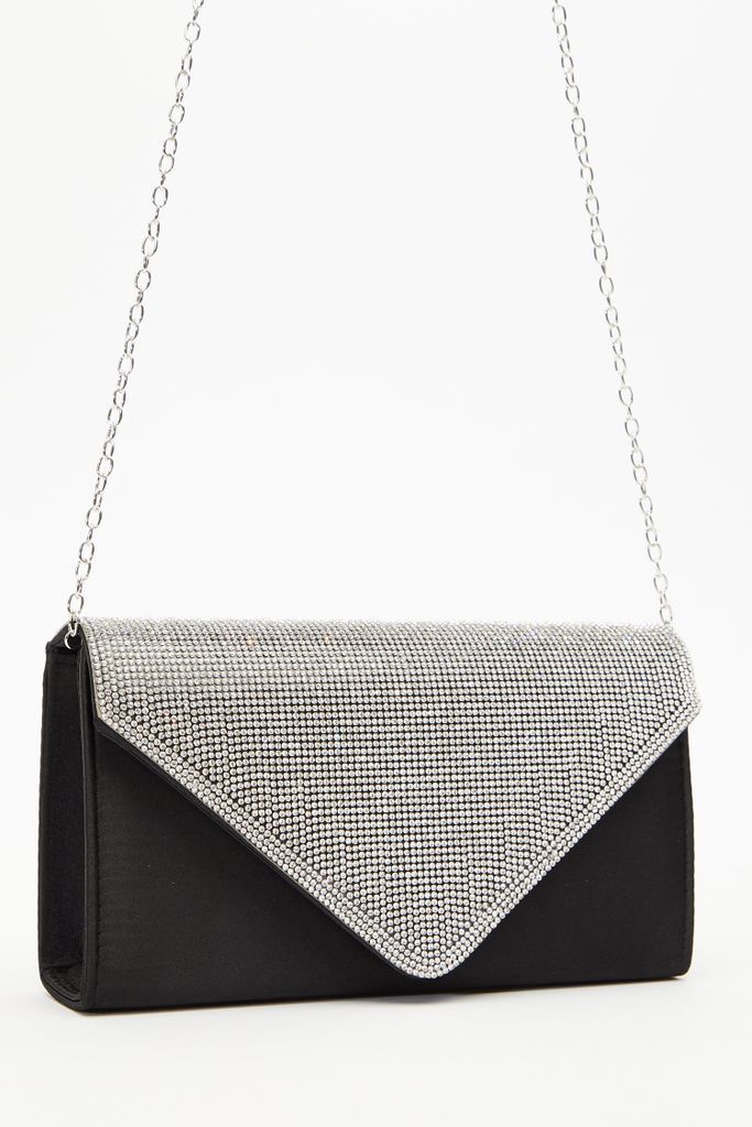 Womens Quiz Black Satin Diamante Clutch Bag Size - One Size