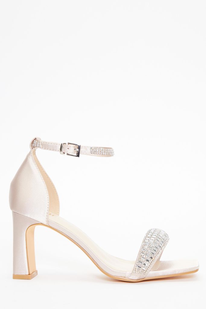Champagne Satin Strappy Padded Diamante Heeled Sandals
