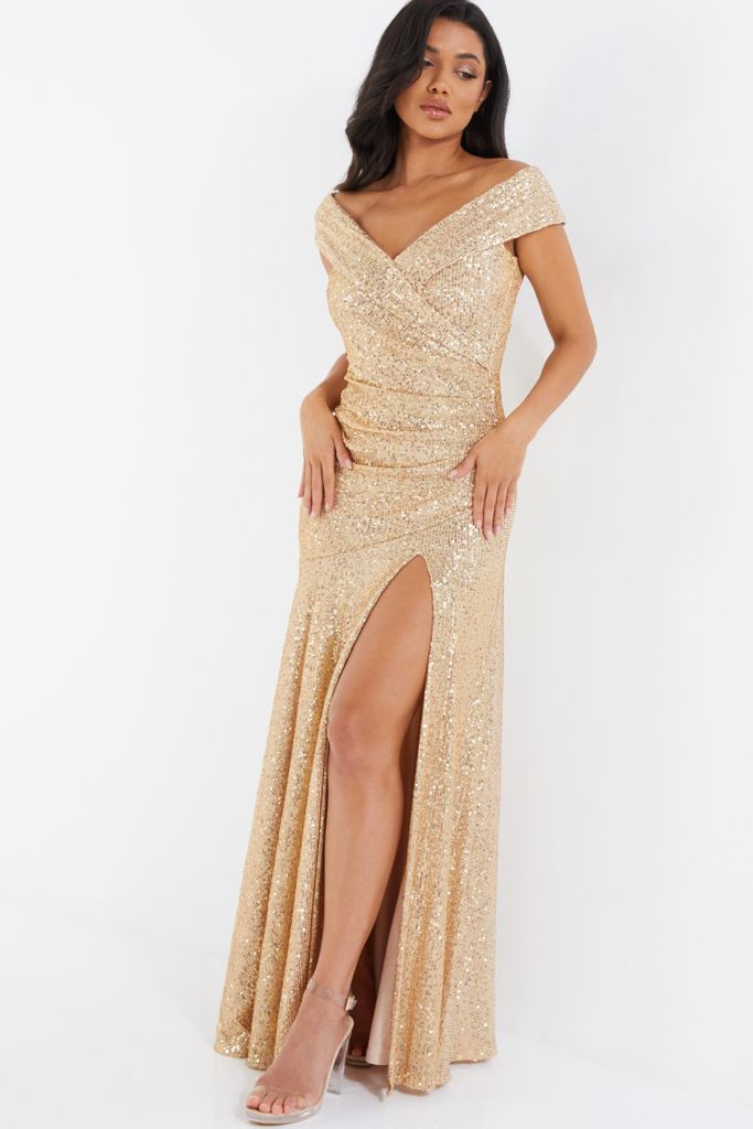 Gold Sequin Ruched Maxi Dress