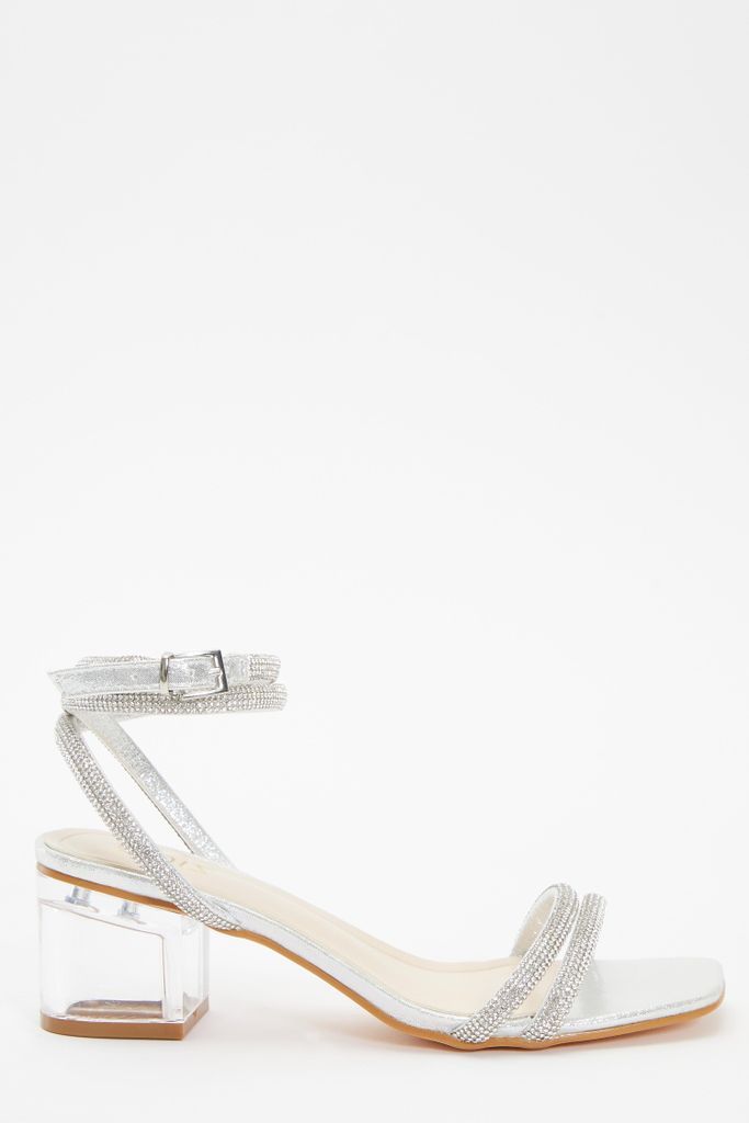 Silver Faux Leather Diamante Clear Low Heeled Sandals