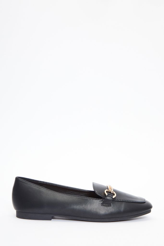 Black Faux Leather Buckle Loafers