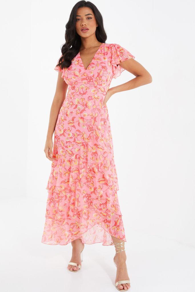 Pink Chiffon Paisley Print Maxi Dress