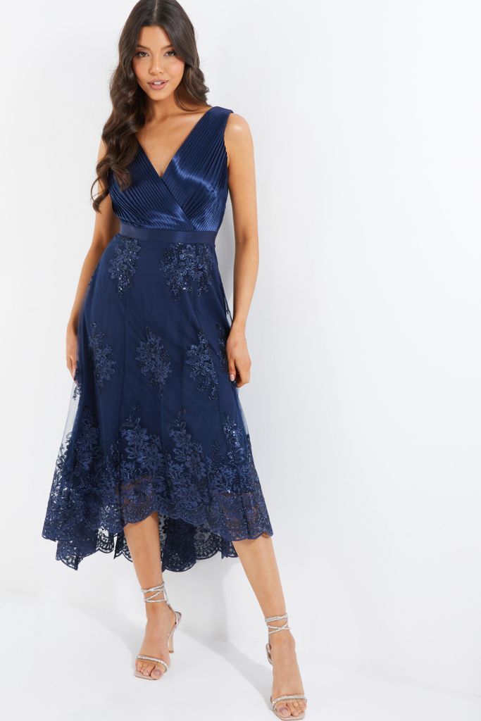 Navy Embroidered Dip Hem Dress