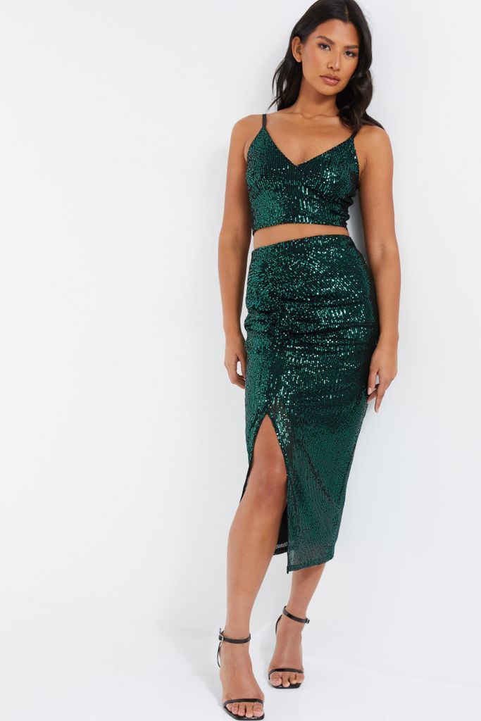 Green Sequin Ruched Midi Skirt