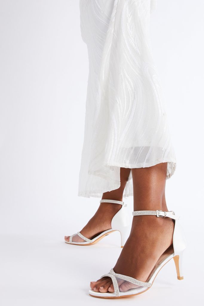 Bridal White Mesh Front Satin Heeled Sandals