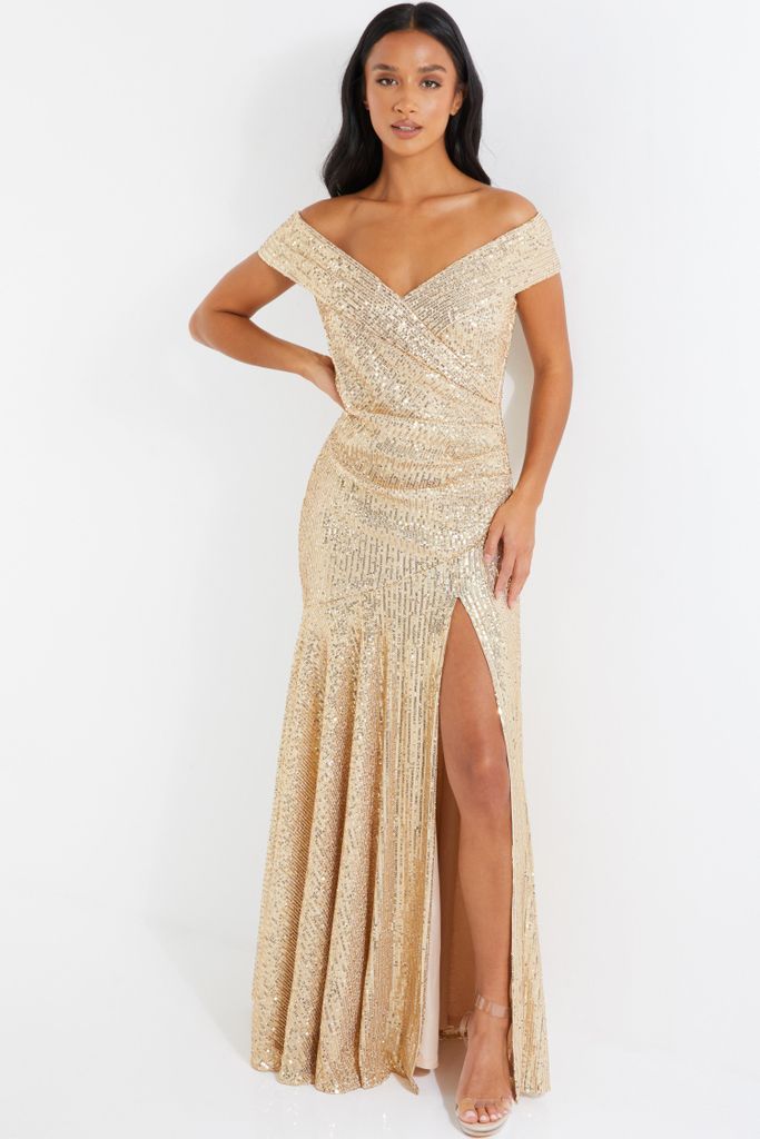 Petite Gold Sequin Ruched Maxi Dress