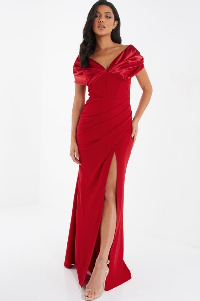 Womens Quiz Red Satin Bardot Maxi Dress Size 6