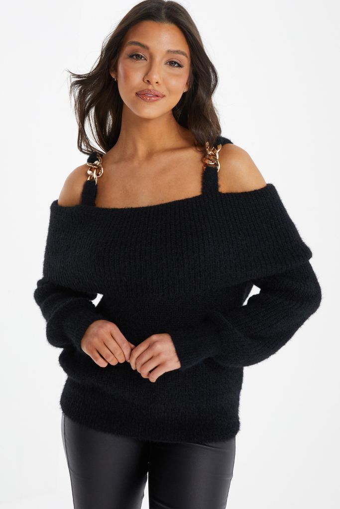 Womens Quiz Black Knitted Off Shoulder Fluffy Jumper Size M