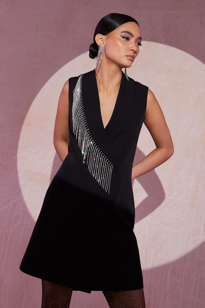 Womens Quiz Black Diamante Mini Blazer Dress Size 6