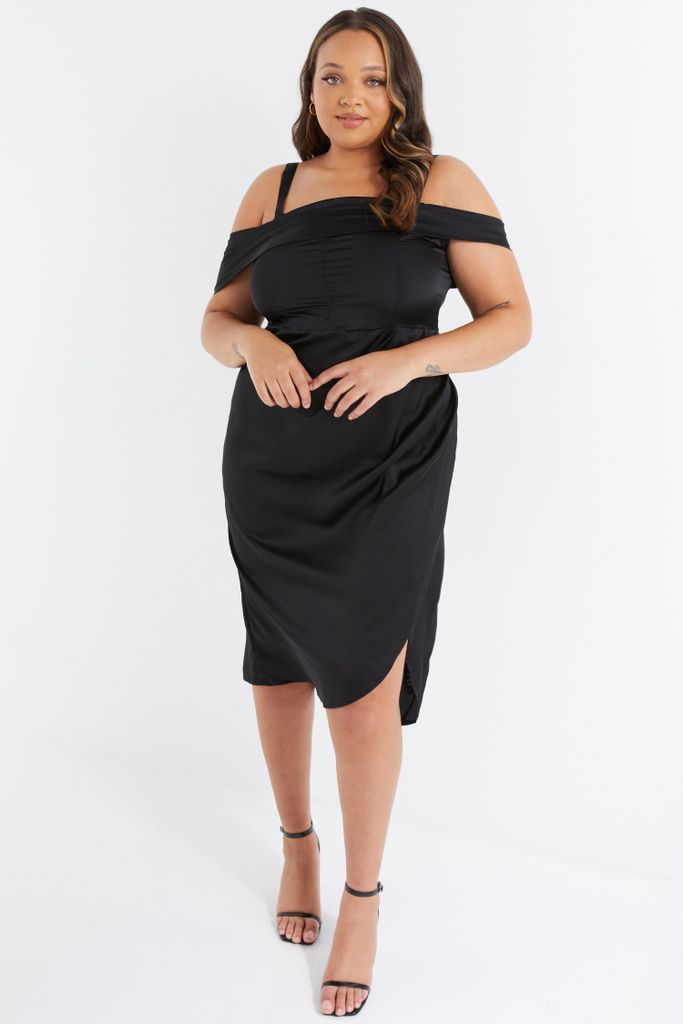 Womens Quiz Curve Black Satin Ruched Midi Dress Size 20