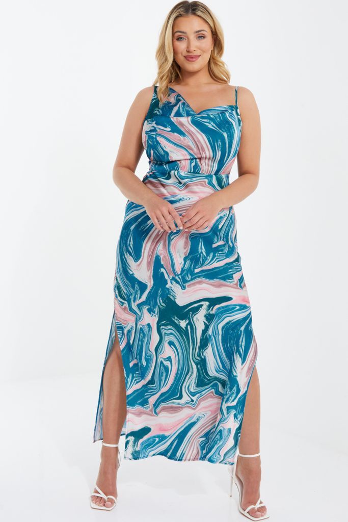 Curve Blue Satin Marble Print One Shoulder Midaxi Dress