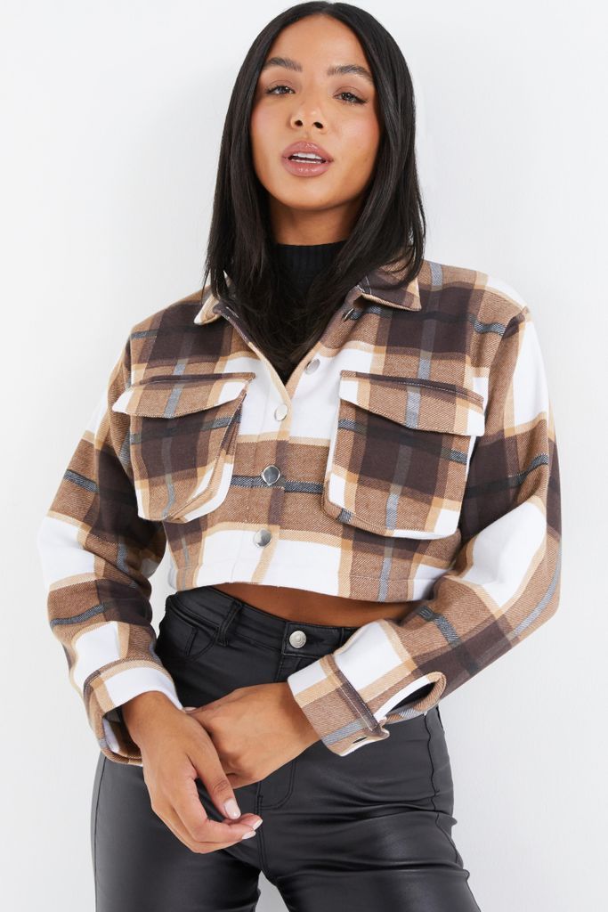 Womens Quiz Chocolate Checked Cropped Shacket Size L