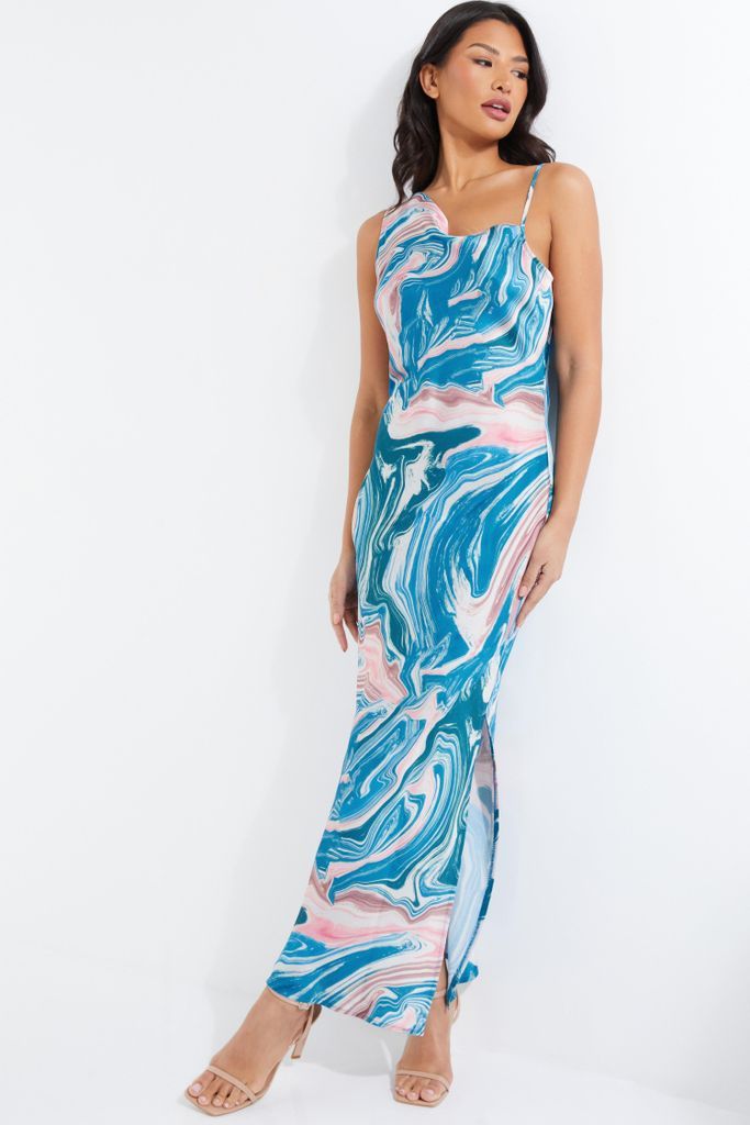 Blue Satin Marble Print One Shoulder Midaxi Dress