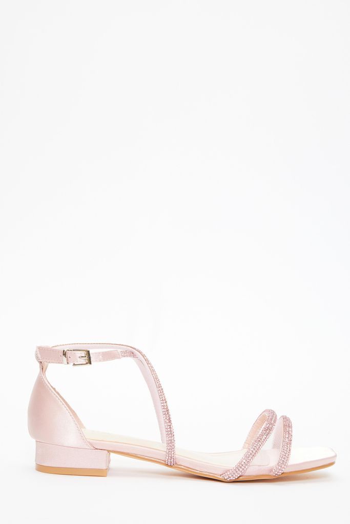 Pink Satin Diamante Strappy Flat Sandals