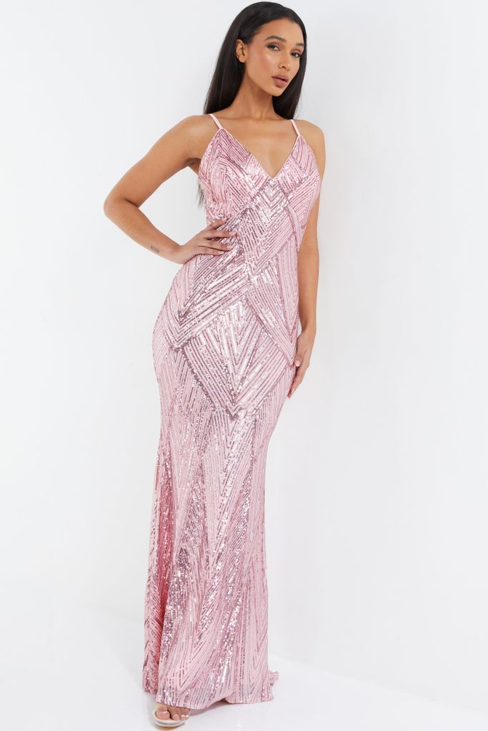Pink Sequin Fishtail Maxi Dress