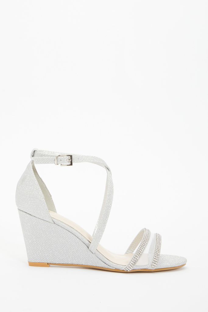 Silver Glitter Strappy Wedges