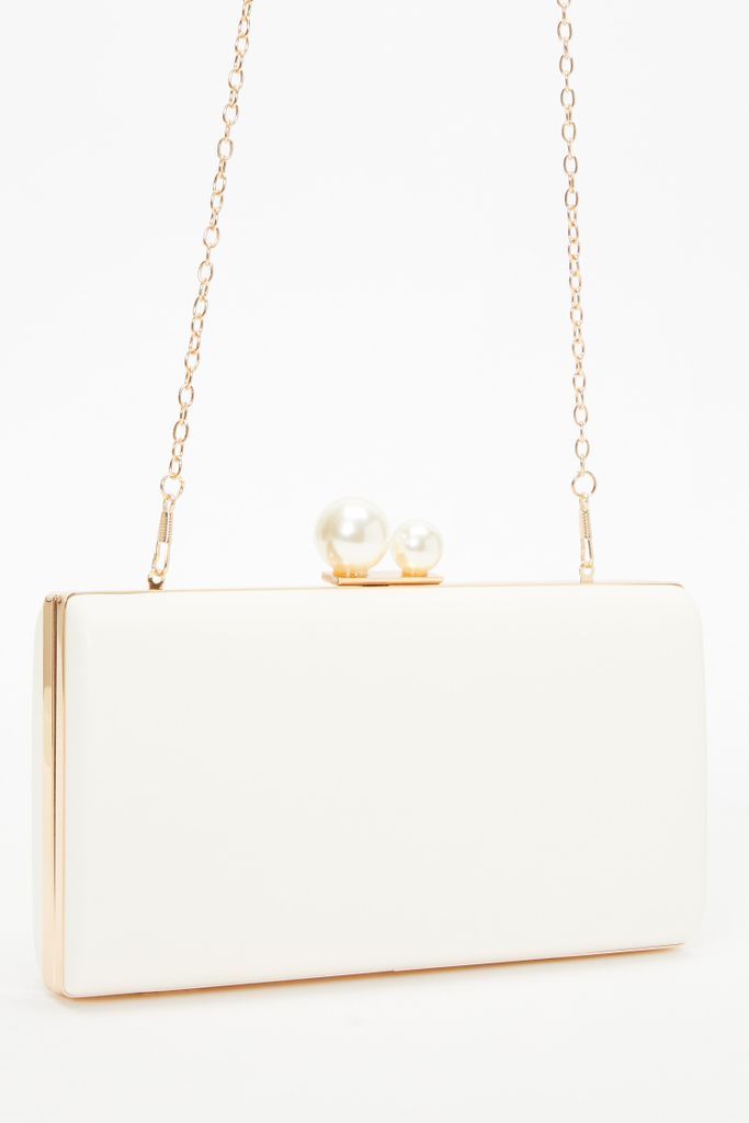 Cream Faux Leather Pearl Detail Box Bag