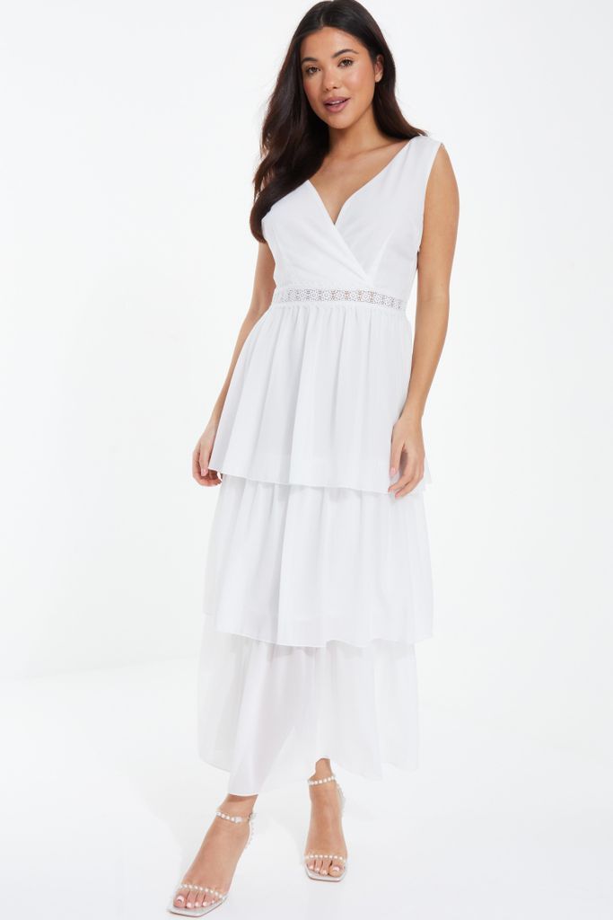 White Chiffon Lace Tiered Midi Dress