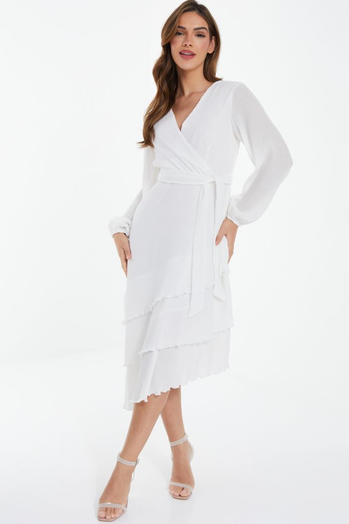 White Chiffon Crinkle Wrap Midi Dress