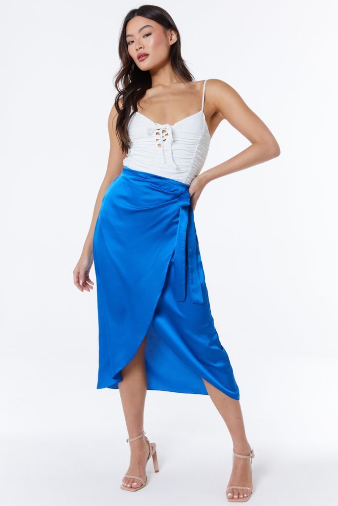 Royal Blue Satin Wrap Midi Skirt