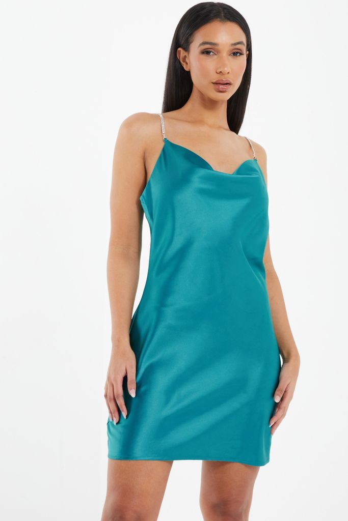 Aqua Blue Diamante Satin Mini Dress