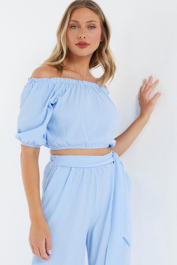 Blue Bardot Crinkle Top