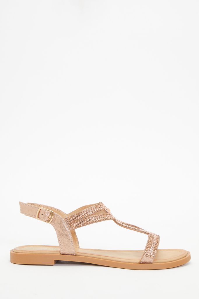 Rose Gold Diamante T-Bar Flat Sandals