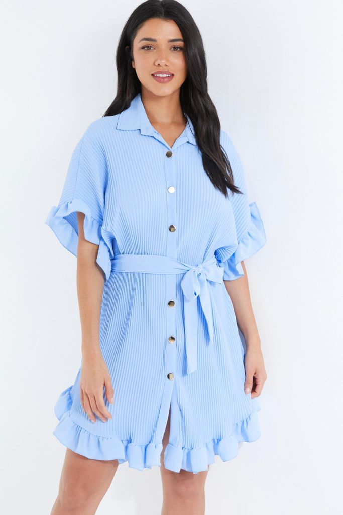 Blue Oversized Pleated Shirt Dress