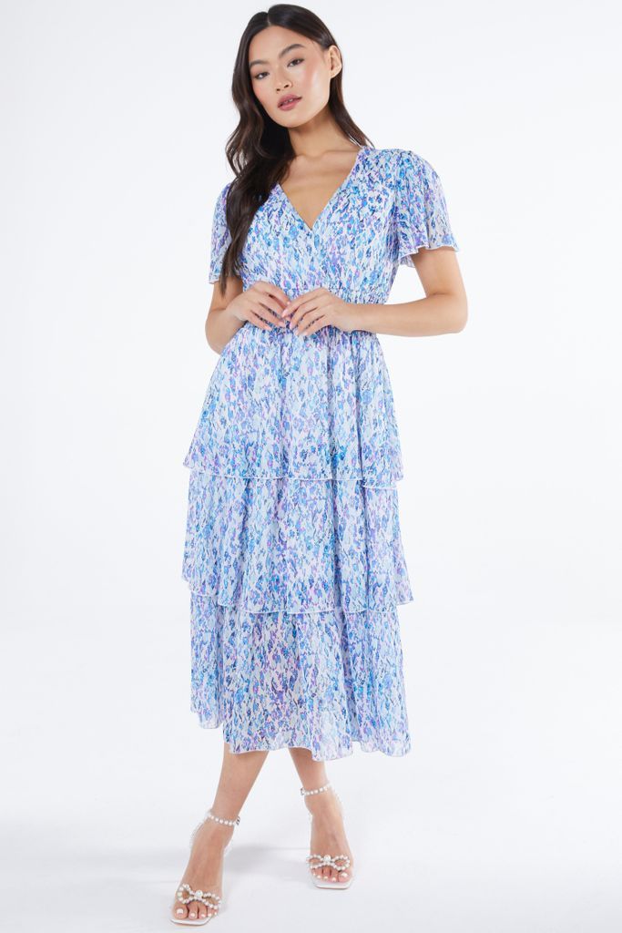 Blue Floral Tiered Wrap Midi Dress