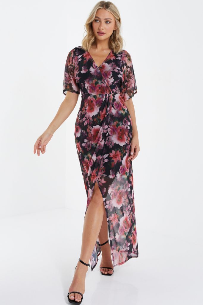 Women's Quiz Black Floral Wrap Maxi Dress Size 10