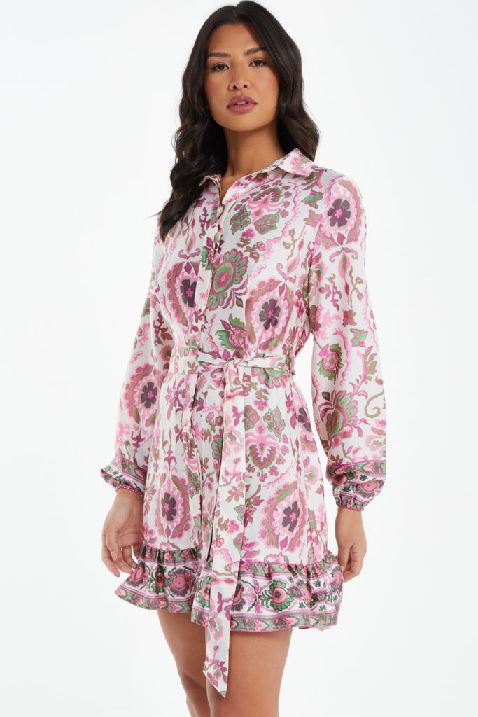 Pink Satin Paisley Print Mini Shirt Dress