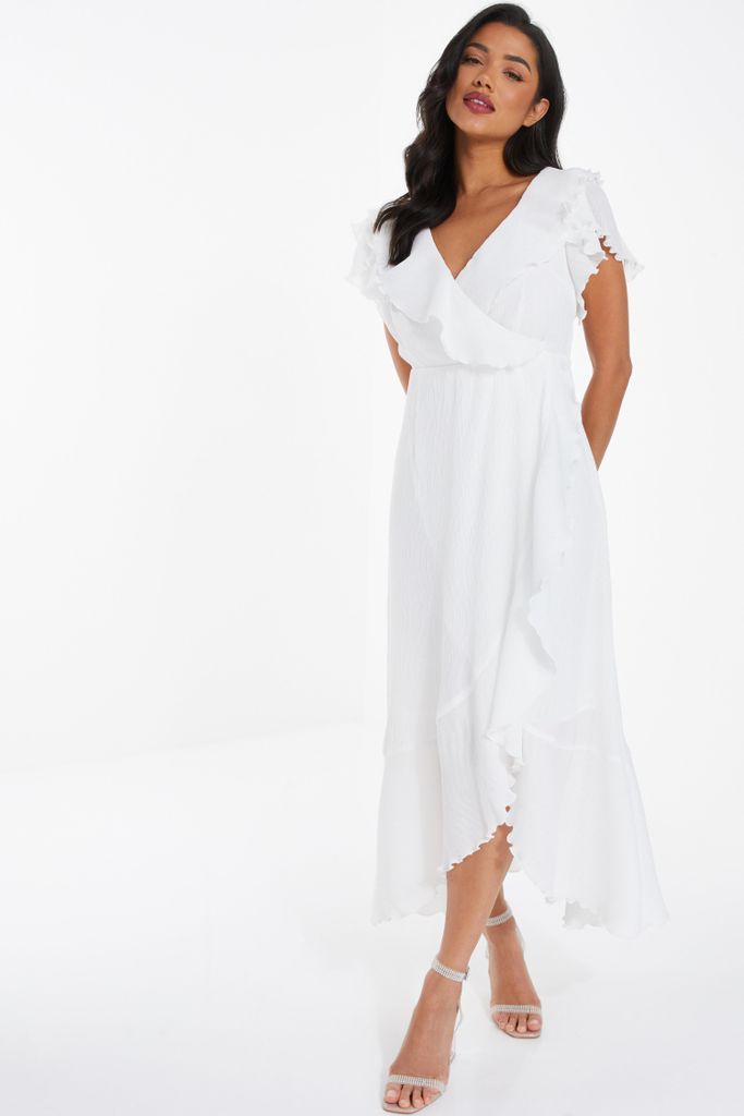 White Chiffon Crinkle Maxi Wrap Dress