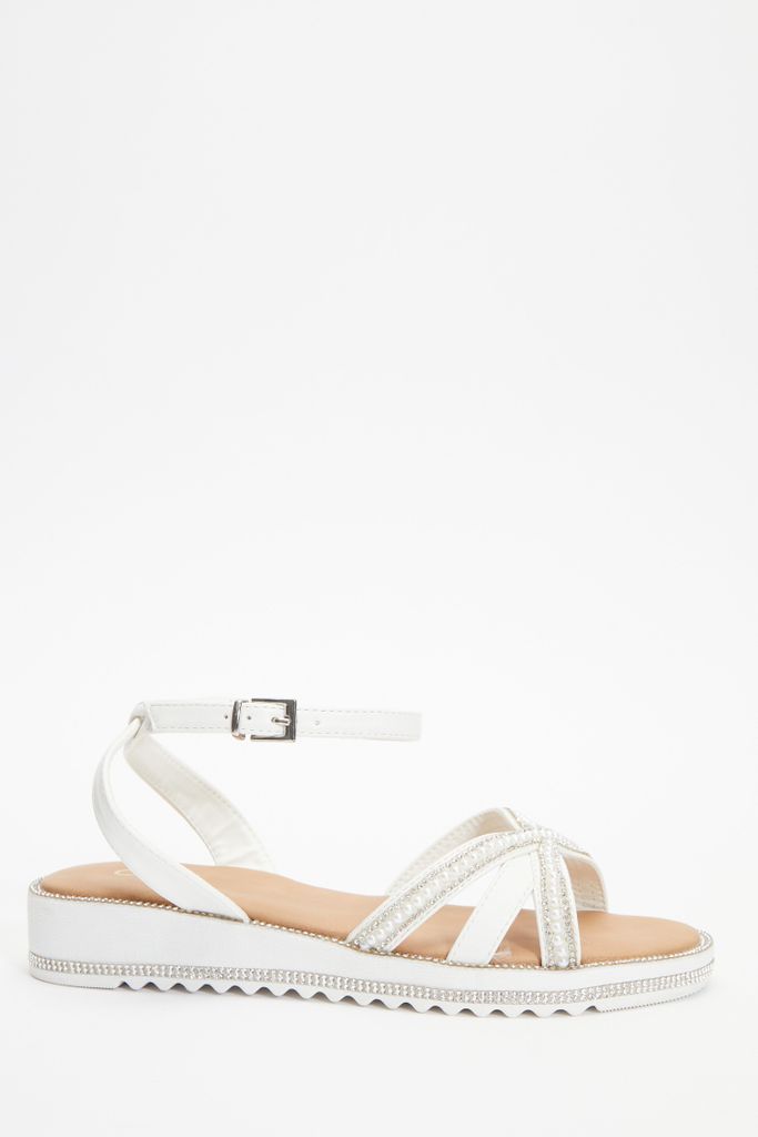 White Diamante Cross Strap Sandals