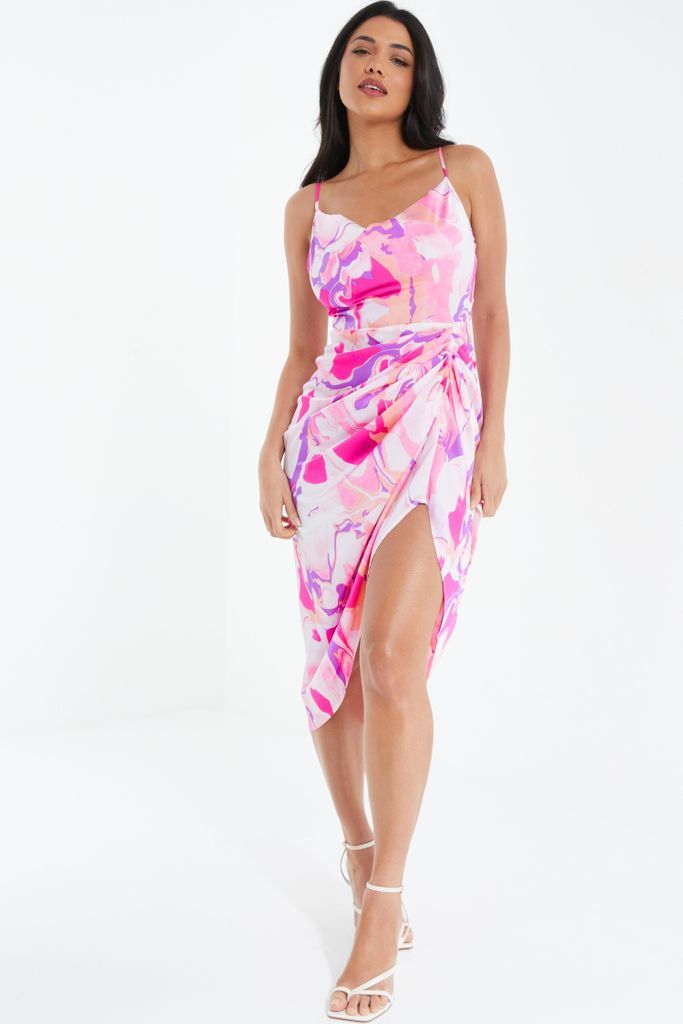 Pink Satin Marble Print Wrap Midi Dress