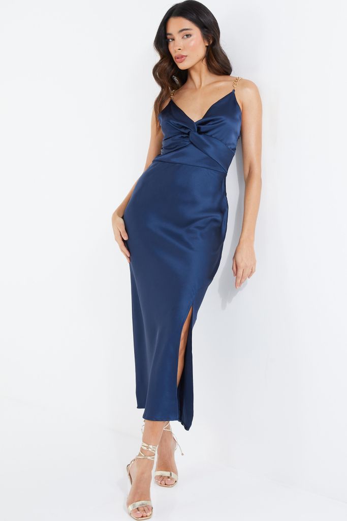 Navy Twist Front Midi Dress