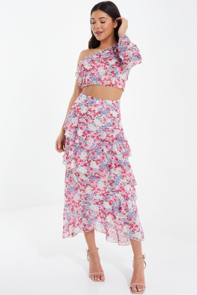 Multicoloured Chiffon Floral Frill Midi Skirt