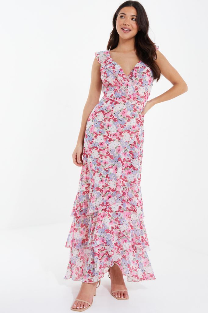 Multicoloured Chiffon Floral Tiered Maxi Dress