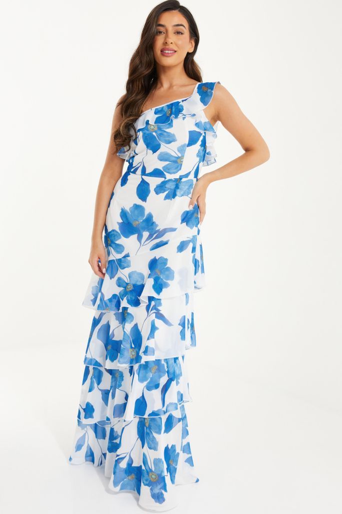 Petite Blue Chiffon Floral Tiered Maxi Dress