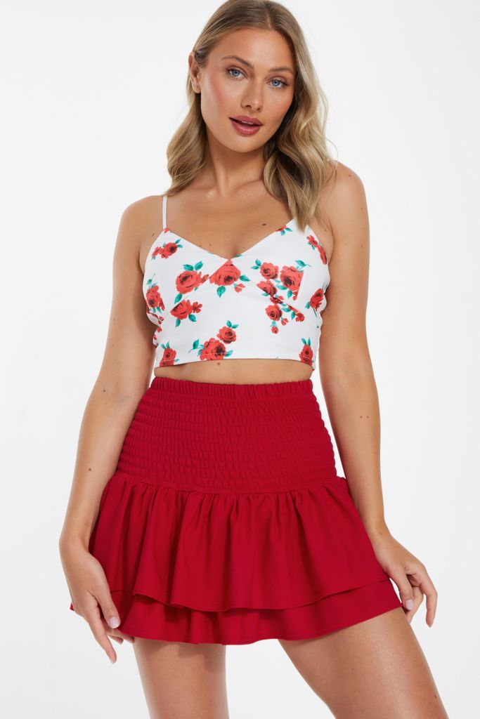 Red Ruched Frill Mini Skirt