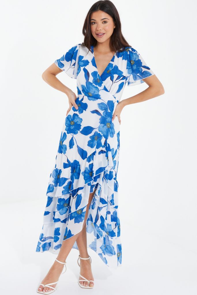 White Blue Chiffon Floral Wrap Midaxi Dress