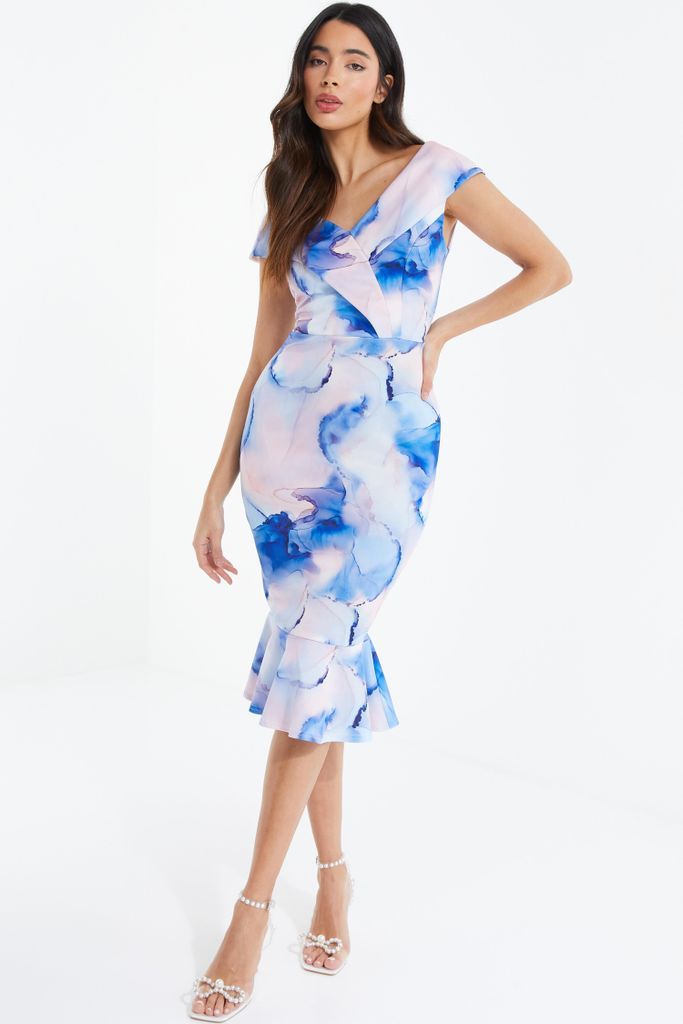 Blue Marble Print Bardot Midi Dress