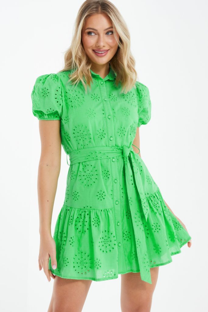 Green Embroidered Mini Shirt Dress