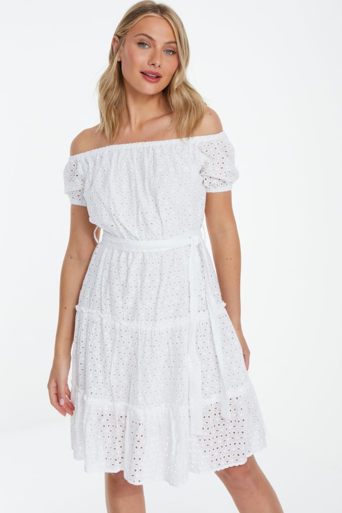 White Broderie Bardot Mini Dress