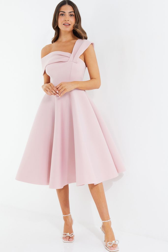 Petite Pink One Shoulder Midi Skater Dress