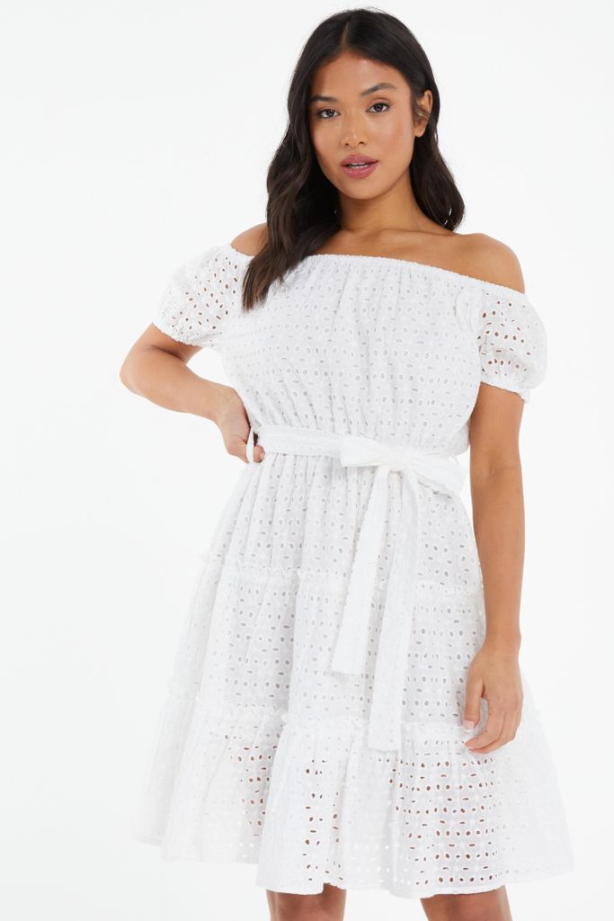 Petite White Embroidered Bardot Mini Dress