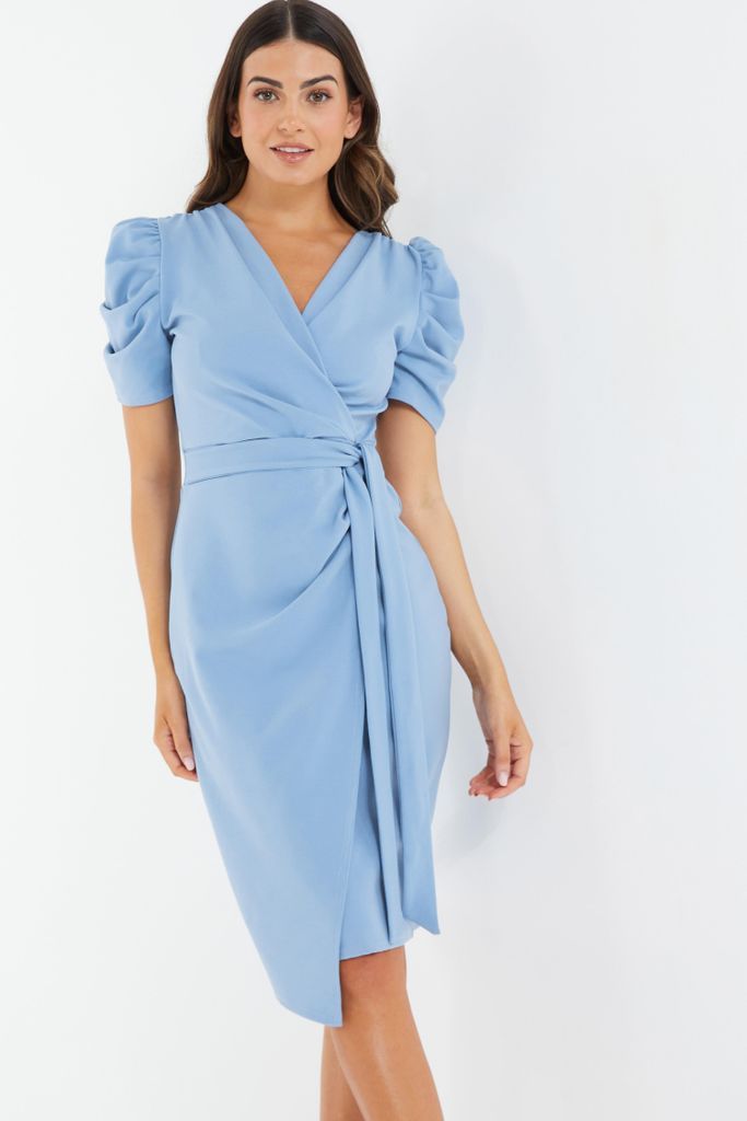 Petite Blue Wrap Midi Dress