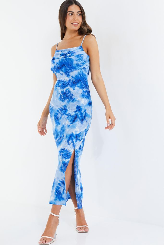 Petite Blue Satin Marble Print Ruched Split Midi Dress