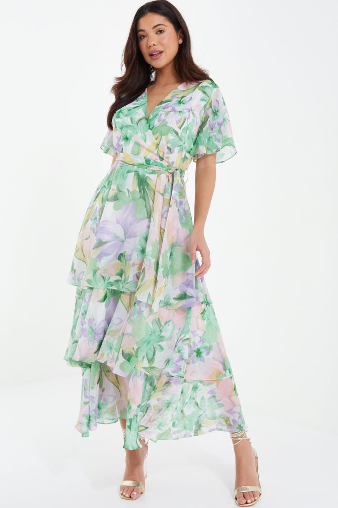 Multicoloured Chiffon Tropical Print Tiered Midaxi Dress